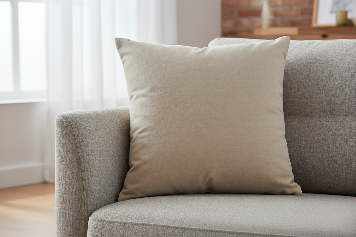 cushion insert plain in beige color puffy and smoth square on a  sofa od chair